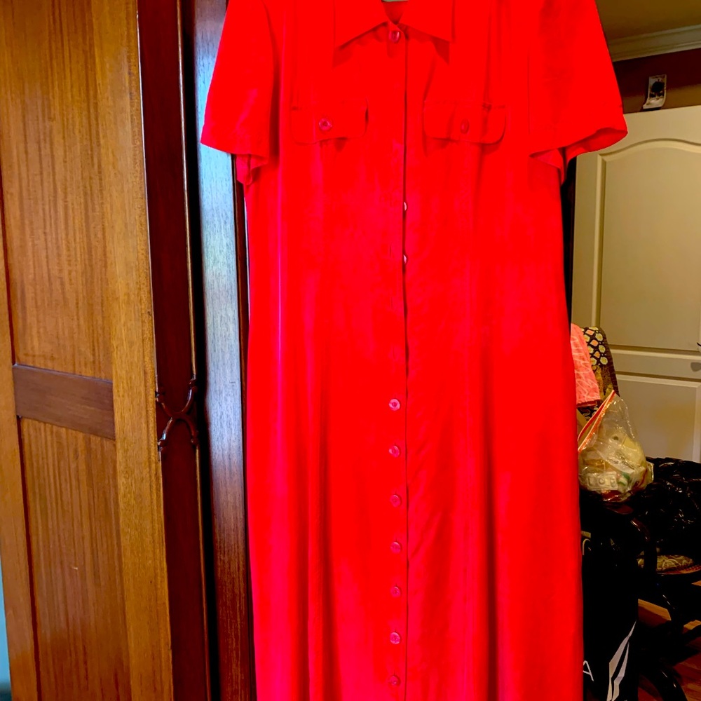 Liz Claiborne red silk, button-up dress.